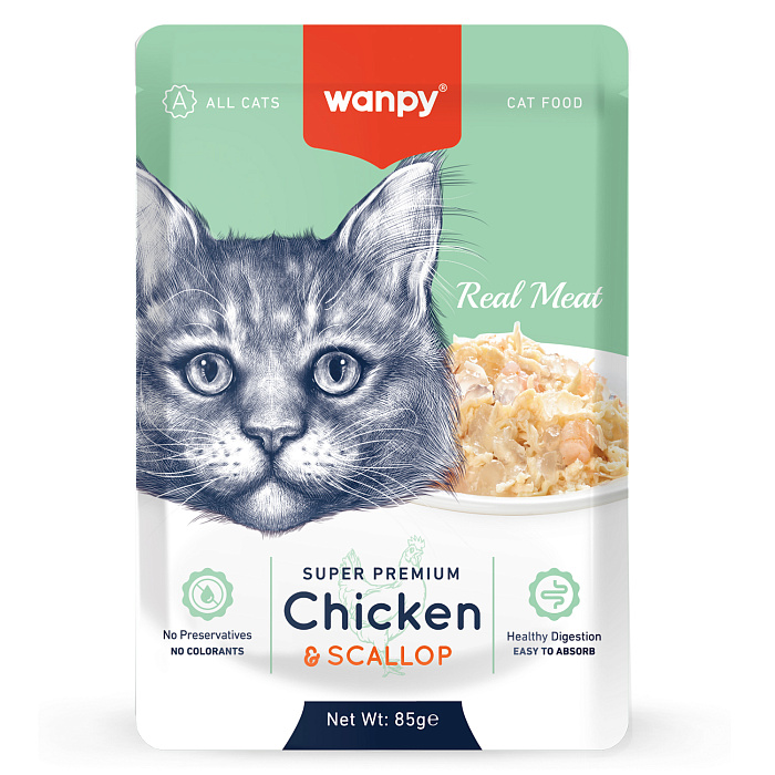 Wanpy Cat Пауч для кошек из курицы и гребешка 85 г